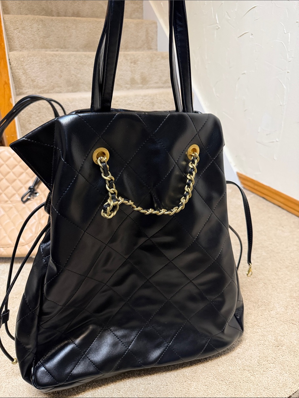 Black Quilted Chain-Accent Tote Bag